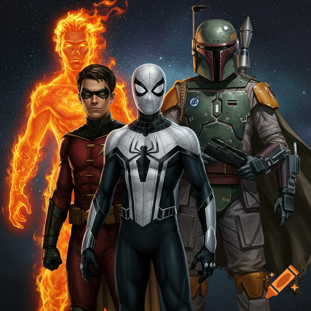 A group of four comic book and sci-fi characters: Human Torch, Robin, Spider-Man, and Boba Fett, standing together.