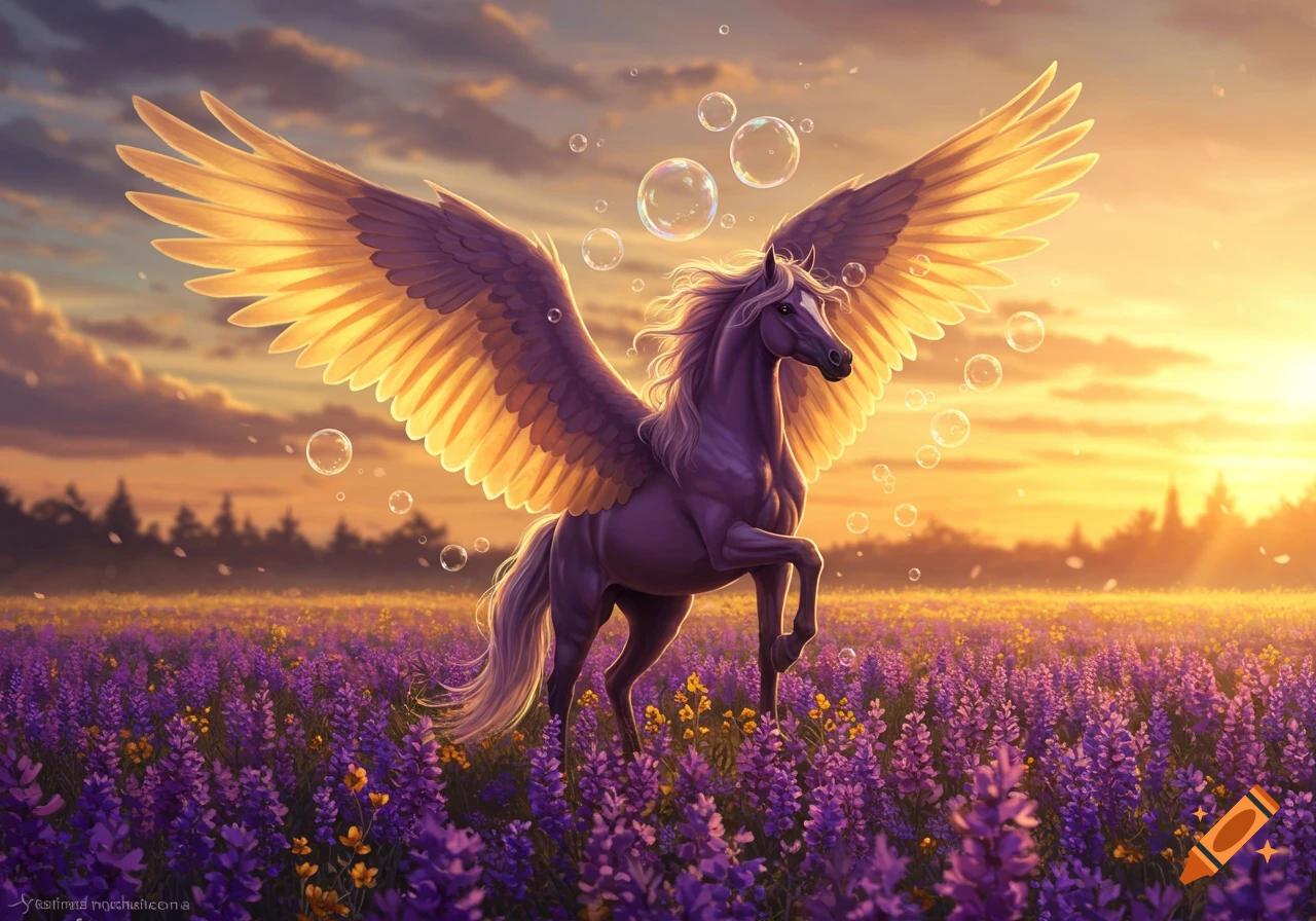 A purple pegasus with golden wings stands in a field of purple flowers, with bubbles floating around it and a sunset sky.