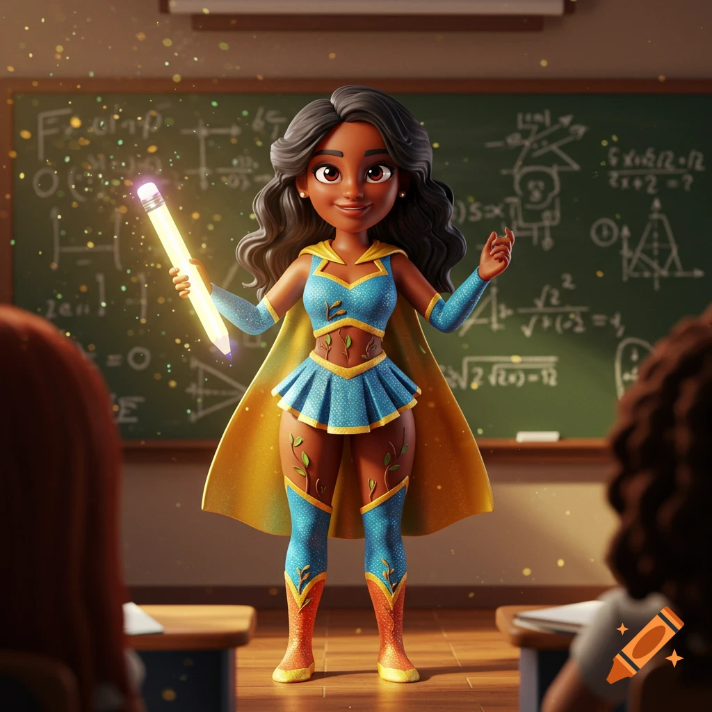 A smiling black female superhero educator with long black hair, in a blue and gold outfit, holding a glowing pencil in a classroom.