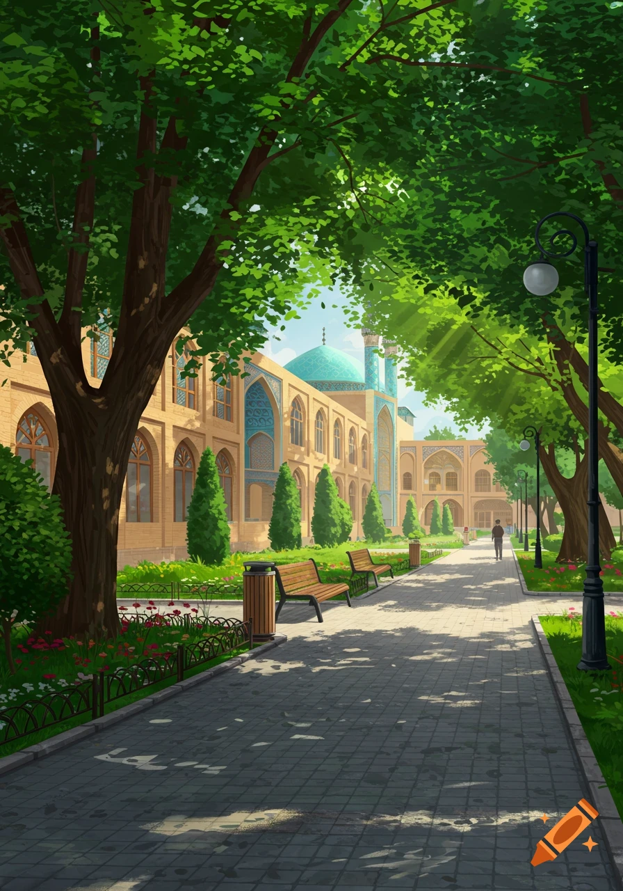 An illustration of a serene park with a paved walkway, lush green trees, and a grand building with a turquoise dome in the background.