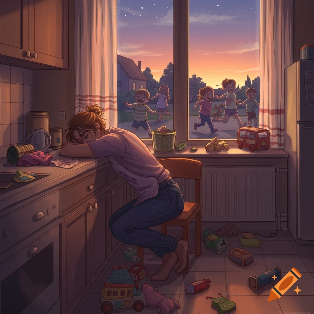 A tired woman sleeps on a kitchen counter while children play outside a window at sunset in a stylized illustration.