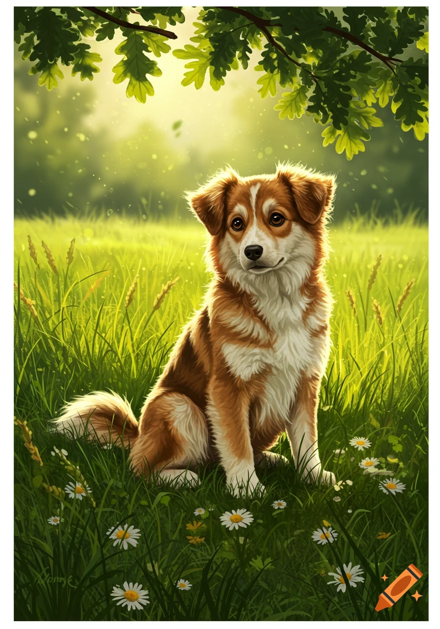 A brown and white dog sits in a sunny green field with daisies under tree leaves, in a digital art style.