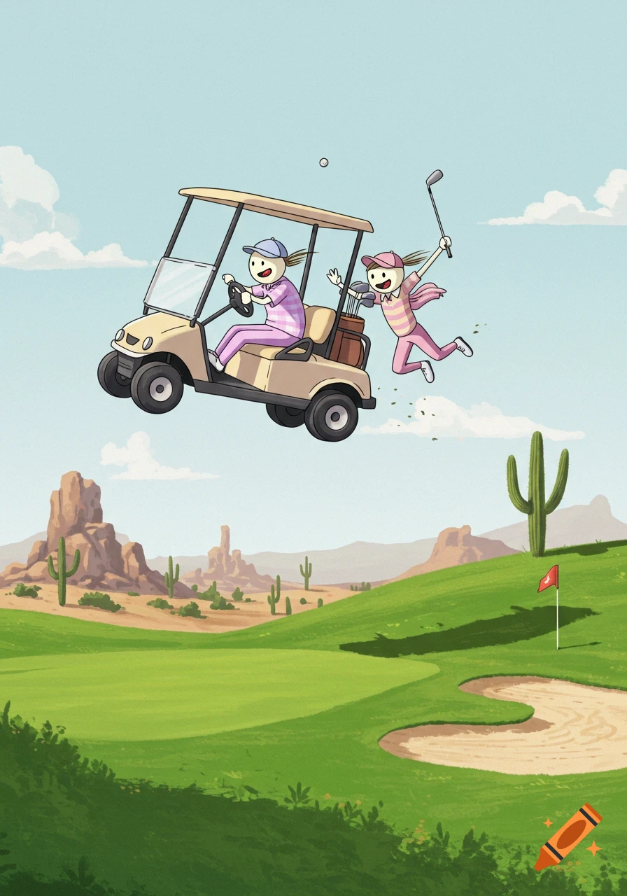 Two stick-figure golfers in a golf cart fly through the air over a desert golf course with cacti and mountains, in a cartoon illustration.