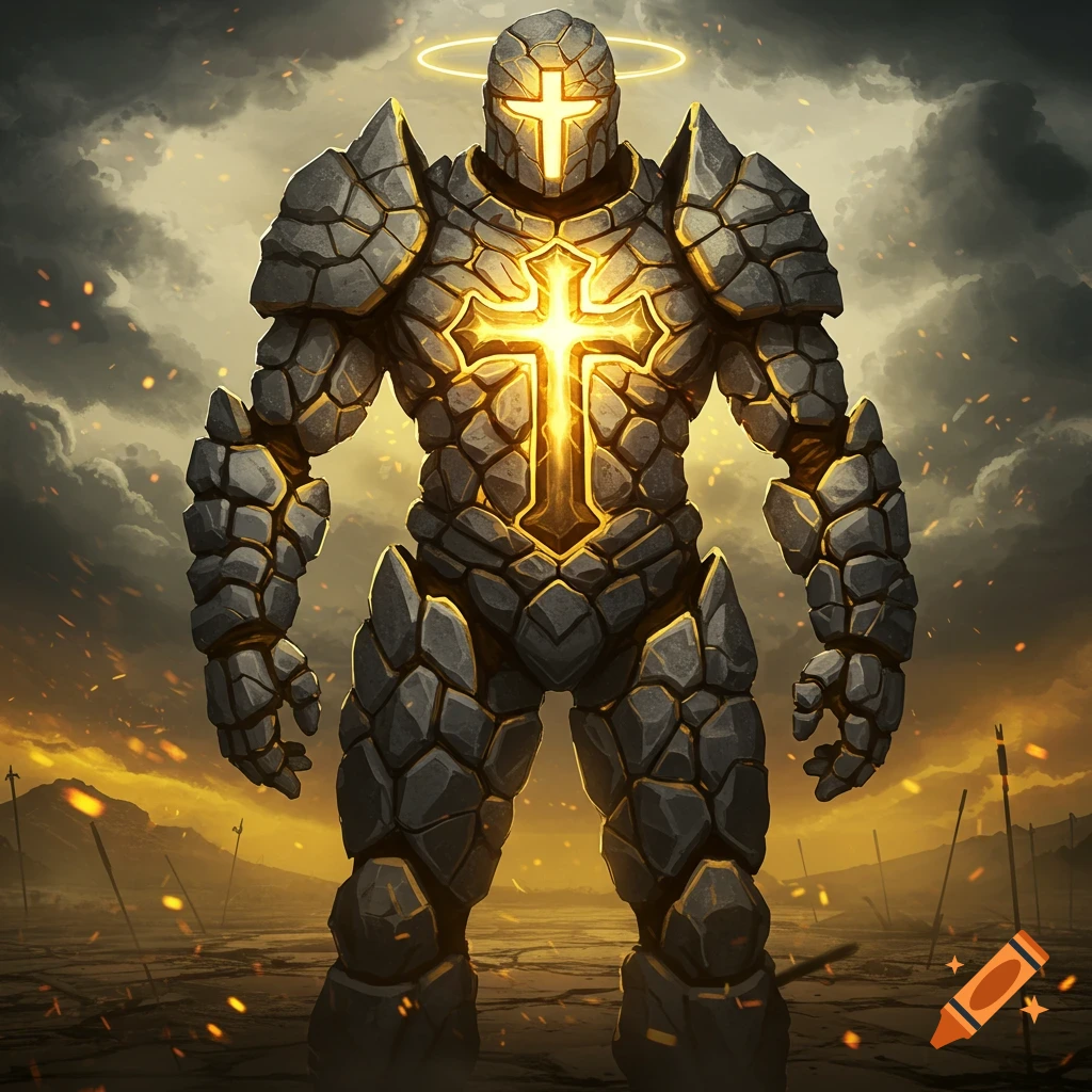 A powerful rock-based warrior in golden armored suit with a glowing cross on its chest and a halo, standing on a smoky battlefield.