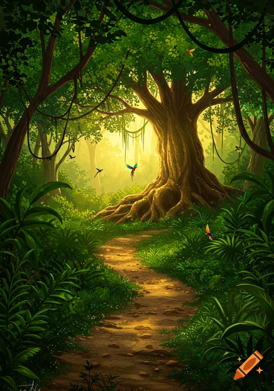 Sunlit jungle path winding towards a large tree, with colorful parrots flying through the canopy, in a painterly style.