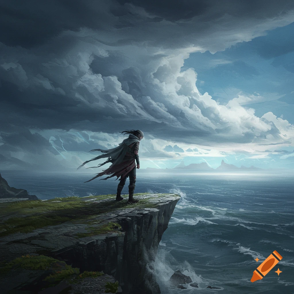 A lone figure in a tattered cloak stands on a cliff overlooking a stormy ocean under a dark, dramatic sky. Digital art.