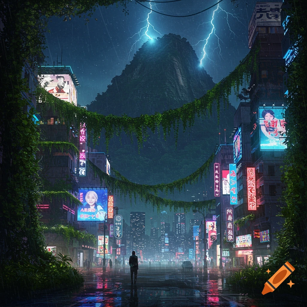 A rainy night in a futuristic Neo Tokyo cyberpunk city, lush green vines overtake buildings with neon signs, silhouetted against a mountain with lightning. A person walks on the wet street.