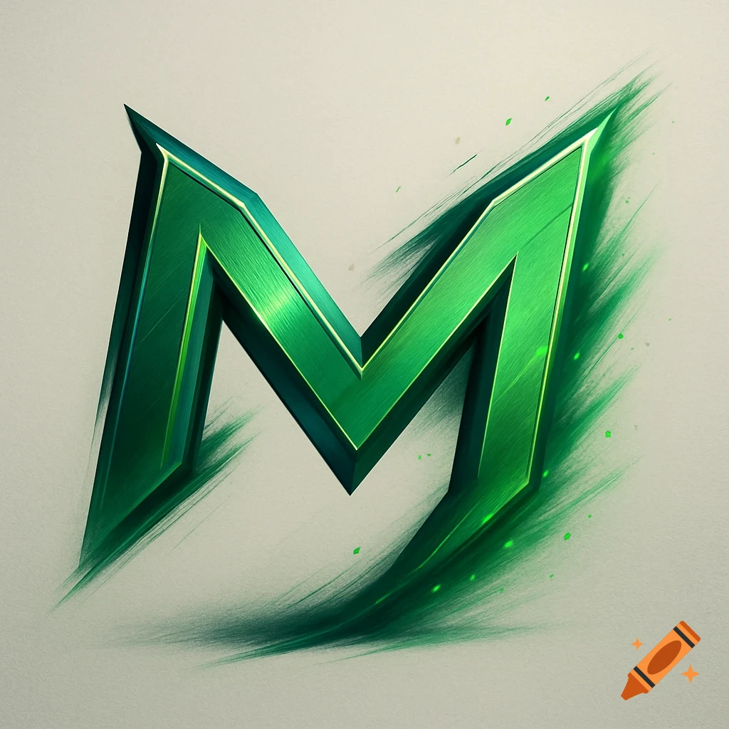 An energetic, stylized green metallic letter M logo with sharp edges and glowing streaks on a light gray background.