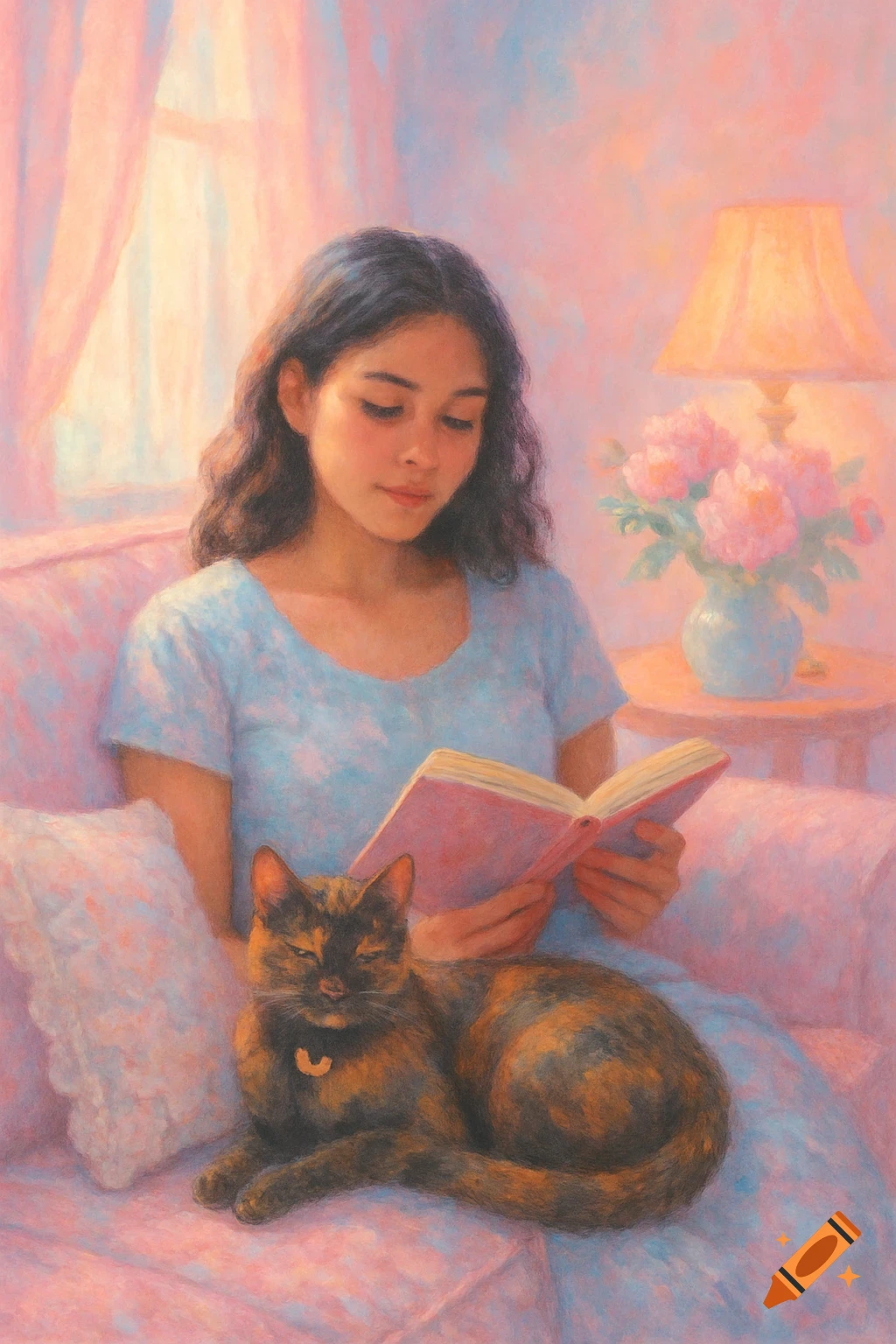 A young woman reads a book on a pink sofa with a tortoiseshell cat on her lap, painted in soft pastels.