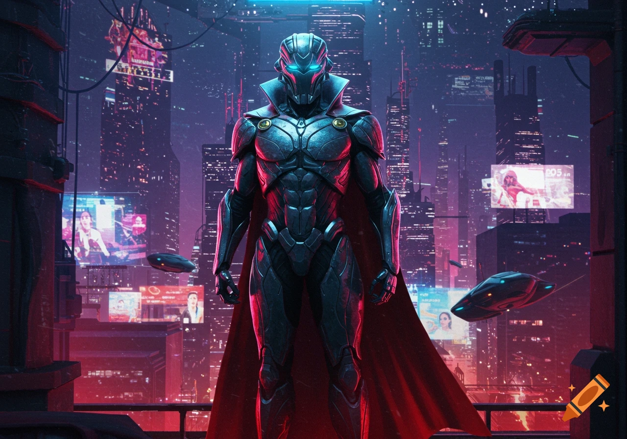 An armored figure with a red cape stands on a rooftop overlooking a neon-lit futuristic cityscape at night with flying vehicles.