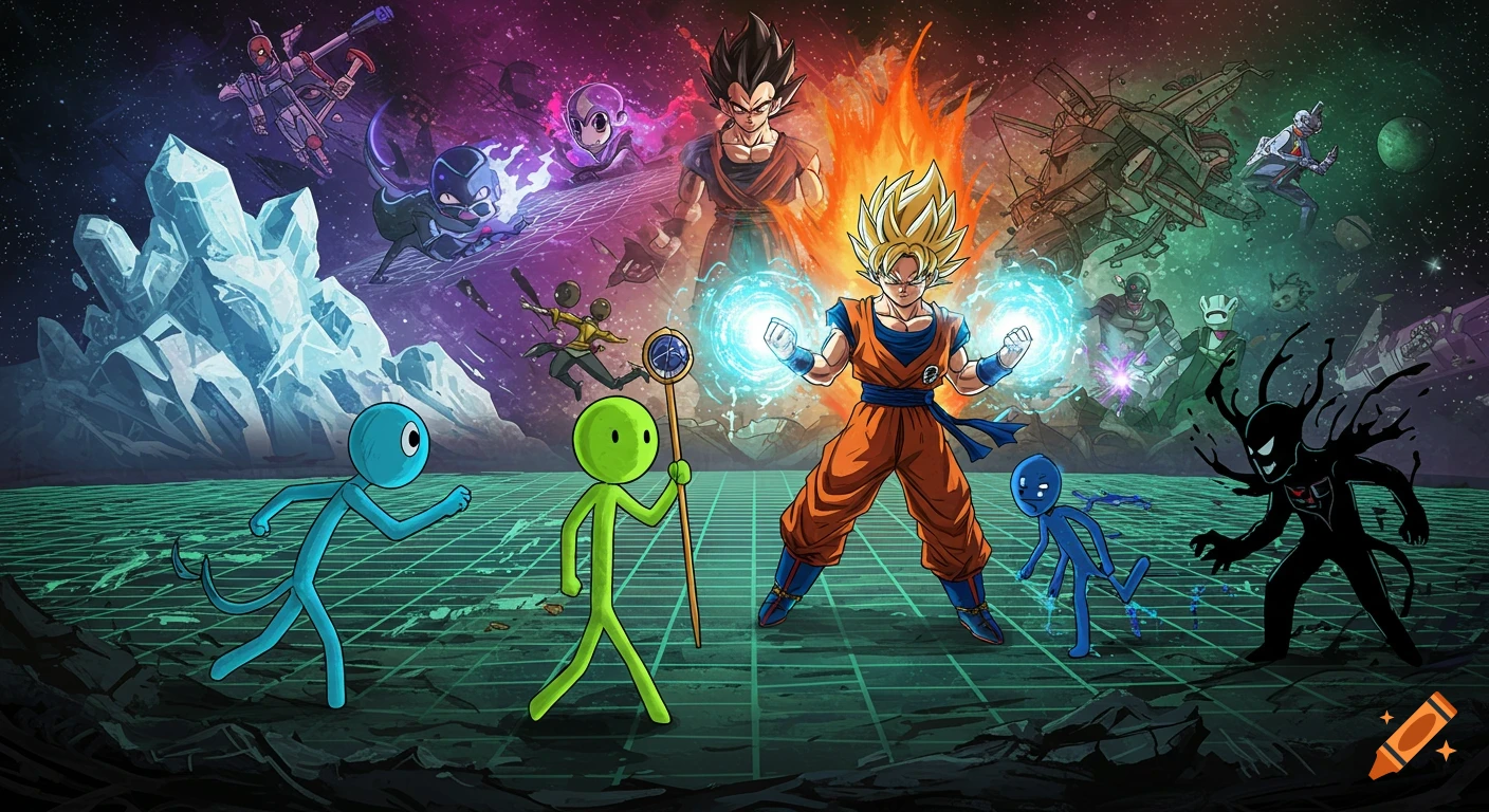 A dynamic multiverse battle features Goku and Vegeta with energy, alongside various stickman characters, against a backdrop of icy crystals, mech ruins, and a glowing grid in space.