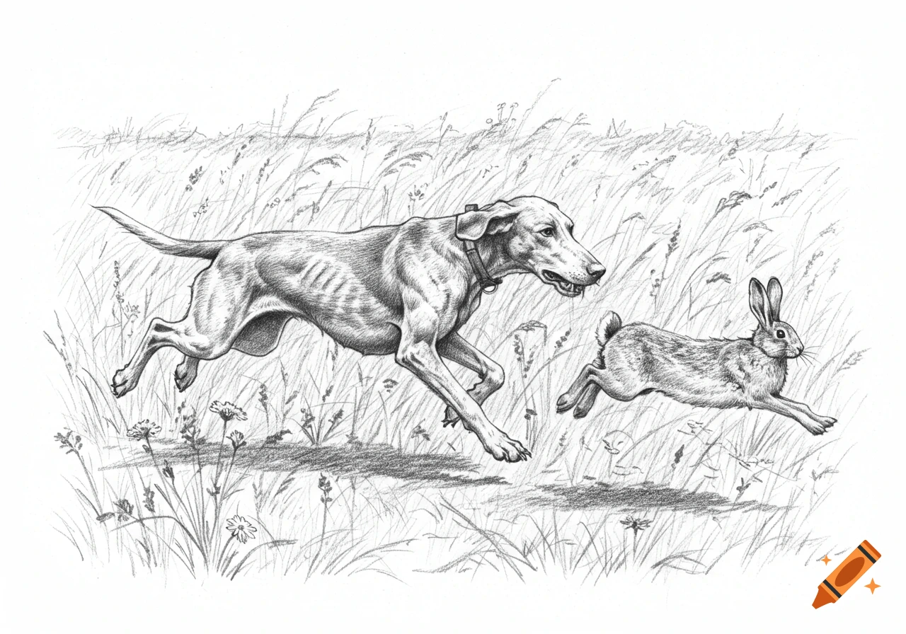 A black and white pencil sketch of a dog chasing a rabbit through tall grass.
