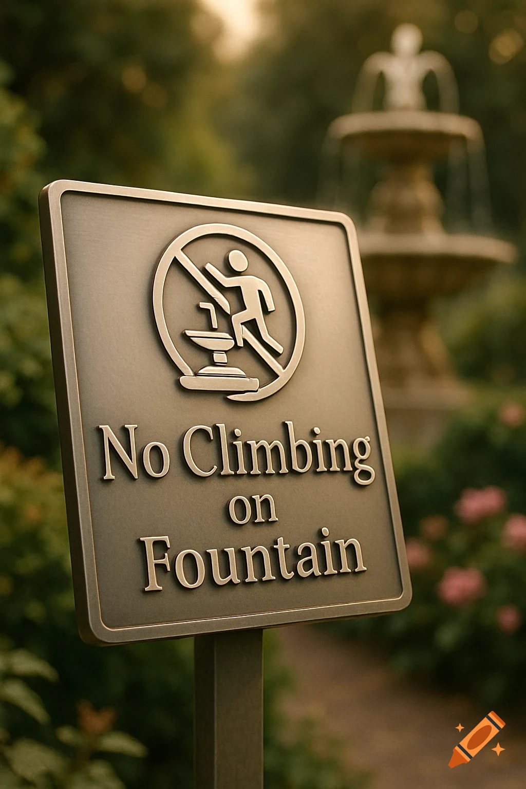 Photorealistic bronze sign in a garden saying 'No Climbing on Fountain' with a blurred fountain in the background.