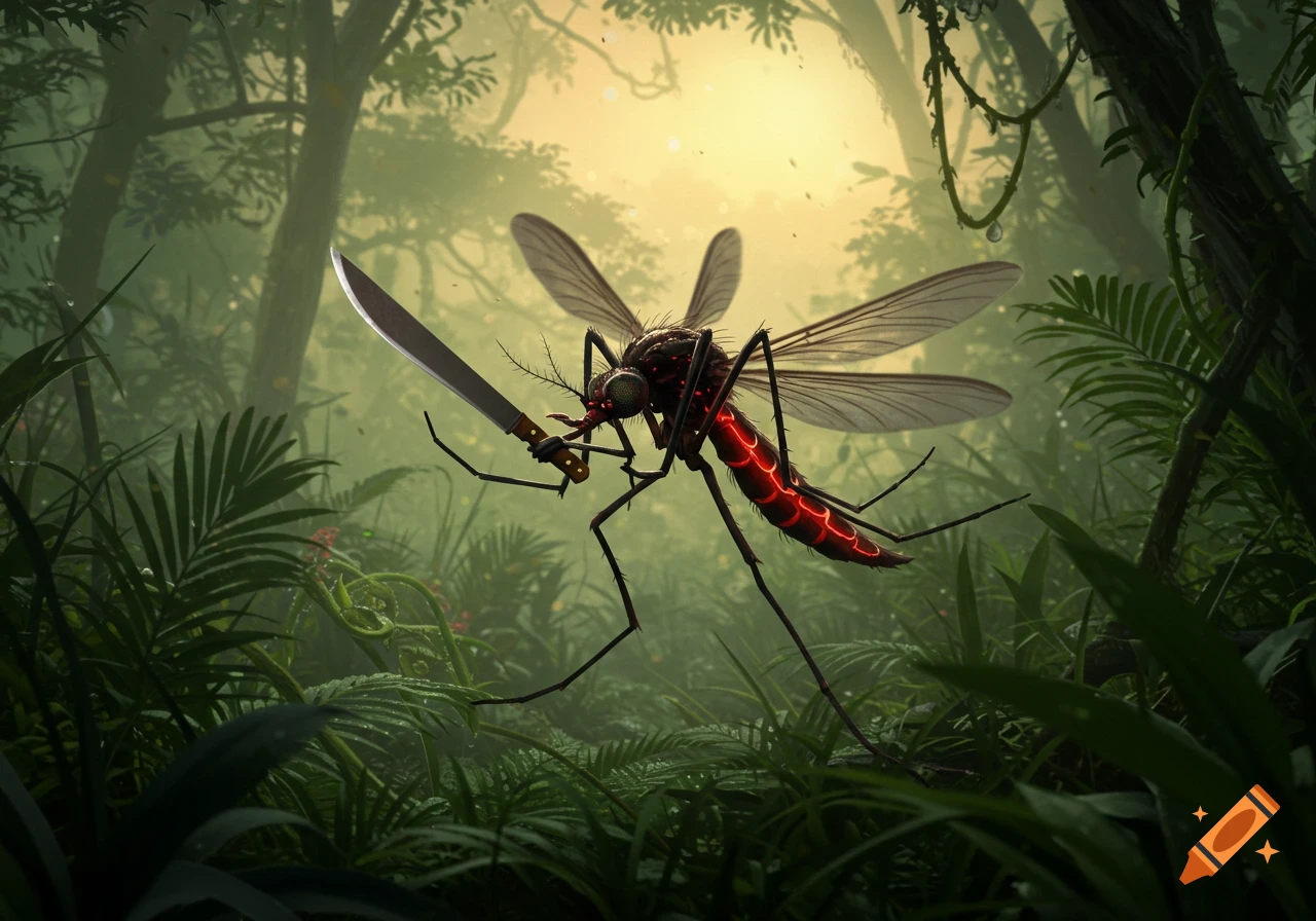 A mosquito with glowing red stripes on its body wields a machete, standing in a lush, green jungle with sunlight filtering through the trees.