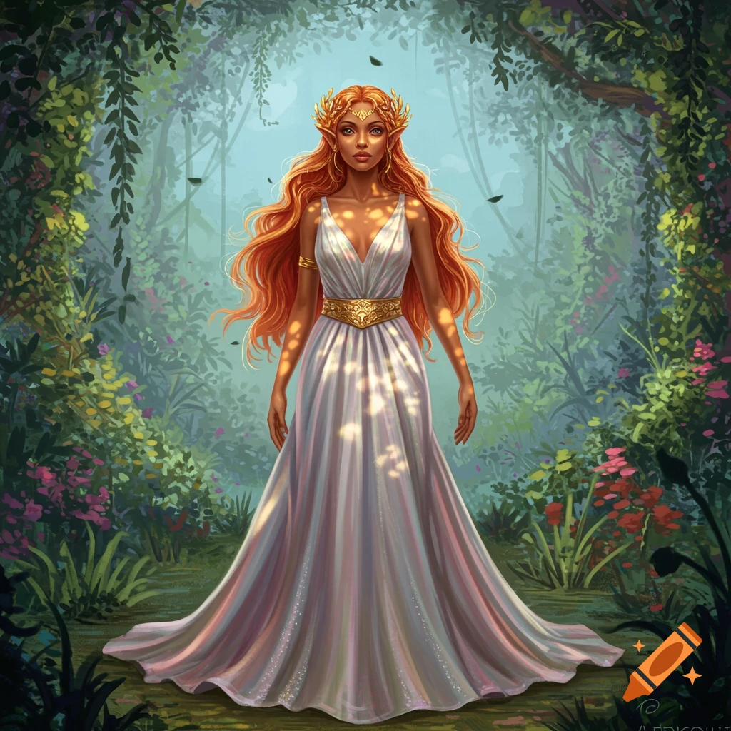 A mystical woman with long red hair, pointed ears, and a golden crown, wearing a white flowing gown, stands in a sun-dappled green forest.