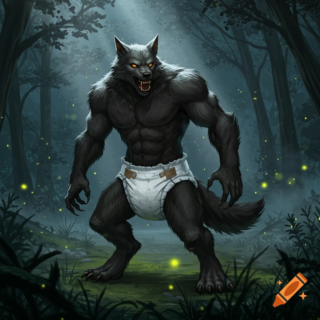 An angry werewolf in a white diaper stands in a dark, misty forest with glowing fireflies.