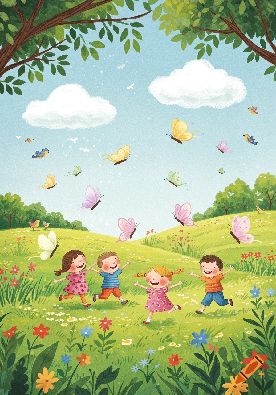 Four happy children run through a sunny green meadow filled with flowers, chasing butterflies in a bright children's book illustration.