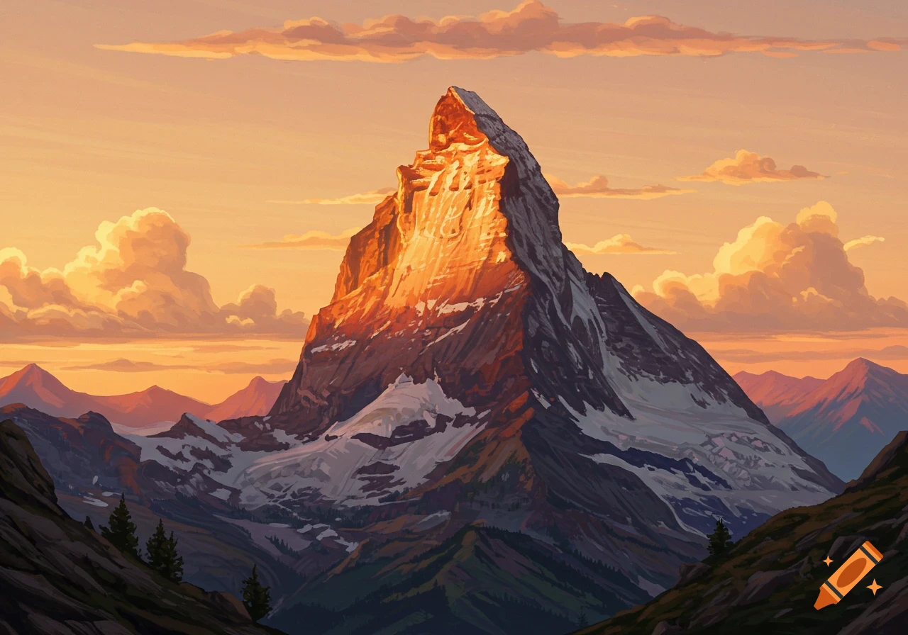 A majestic mountain peak bathed in golden sunset light, with snow-capped slopes and warm-hued clouds in a digital art style.