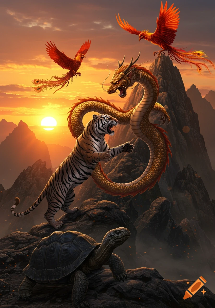 A tiger fights a golden Chinese dragon on a mountain at sunset, with two red phoenixes flying overhead and a tortoise below.