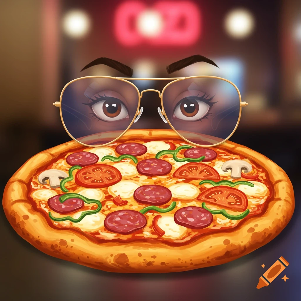 A cartoon illustration of a pizza wearing sunglasses with human eyes and eyebrows, against a blurry restaurant background.