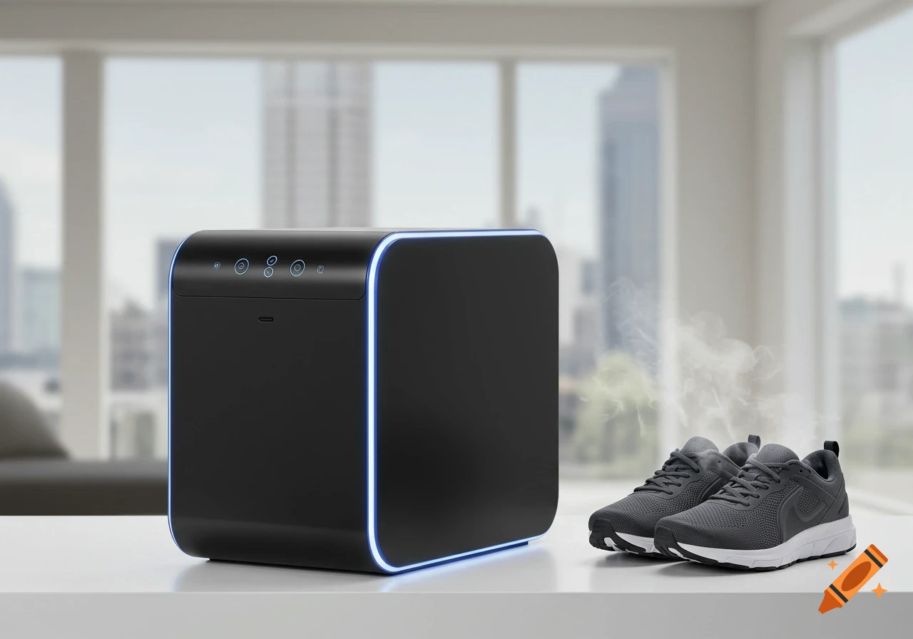 Photorealistic image of a sleek black shoe dryer with blue light accents next to a pair of gray sneakers, on a white surface in a modern room.