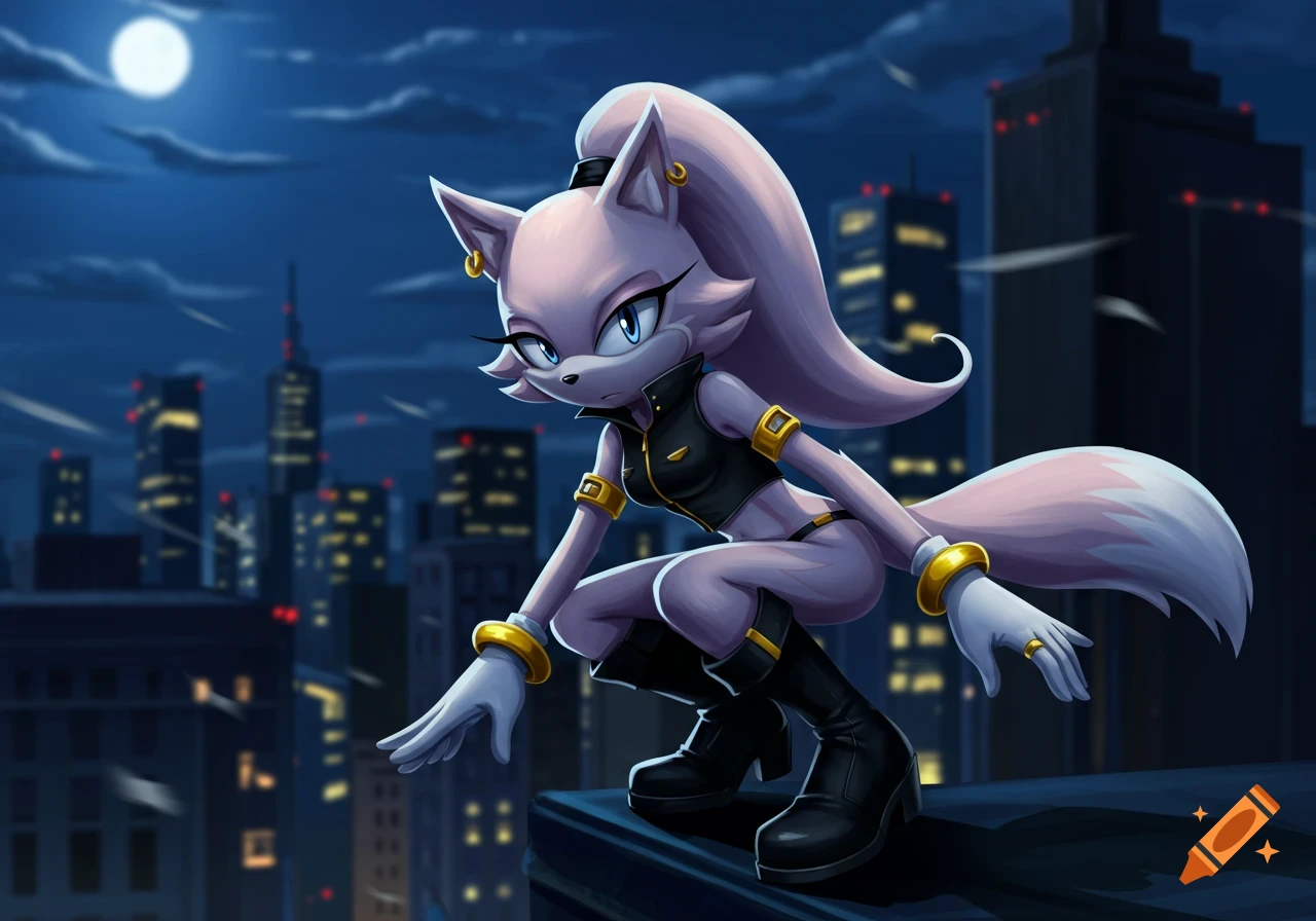 A stylized light purple wolf-like character in a black outfit and boots crouches on a rooftop overlooking a dark city at night.