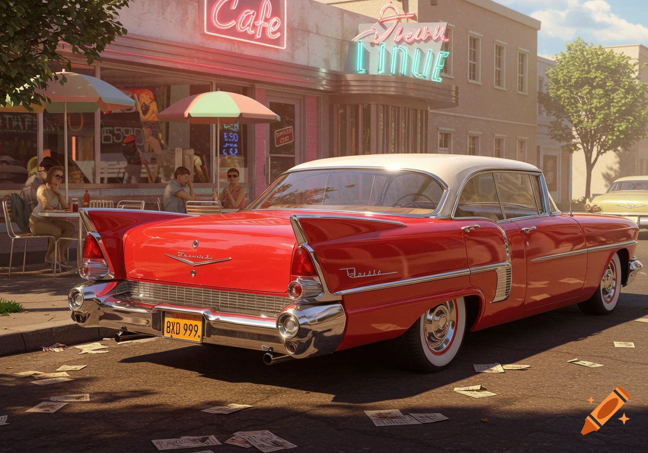 A shiny red and white 1950s car parked on a sunny street in front of a retro diner with people sitting outside.