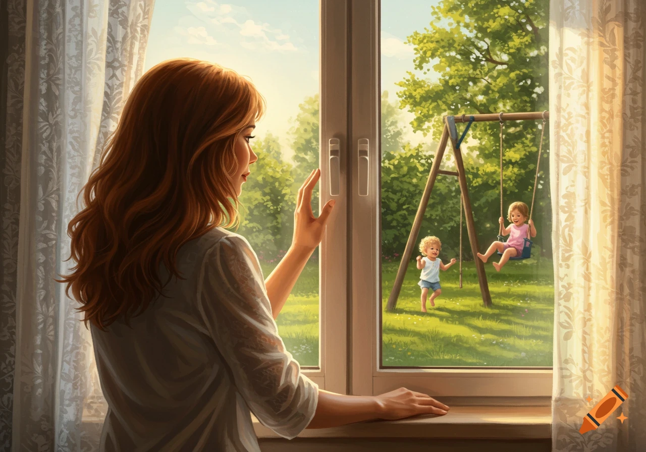 A woman with red hair looks out a window at two children playing on a swing set in a sunny backyard.
