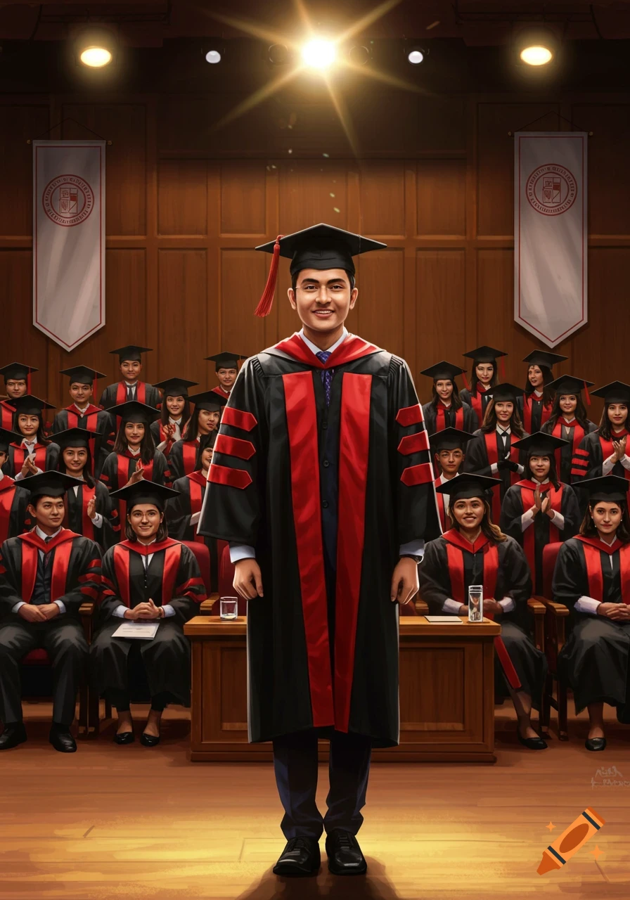 A smiling young man in a black and red graduation gown stands center stage, looking forward, with classmates in academic regalia seated behind him in a dimly lit hall, under bright spotlights.