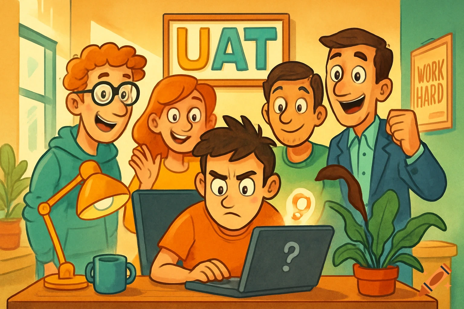 Cartoon illustration of a person looking frustrated at a laptop, surrounded by four smiling people in an office with UAT and Work Hard signs.