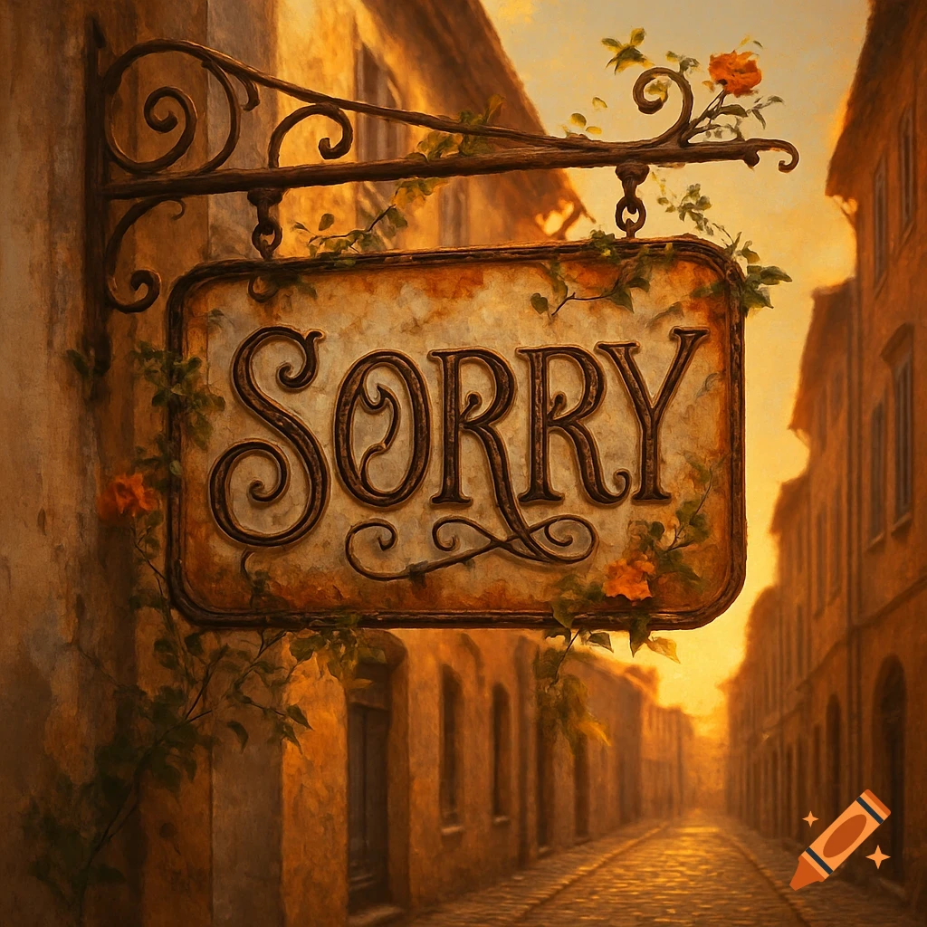 A vintage-style 'SORRY' sign hangs from a building on a sunlit cobblestone street, with a painterly aesthetic.