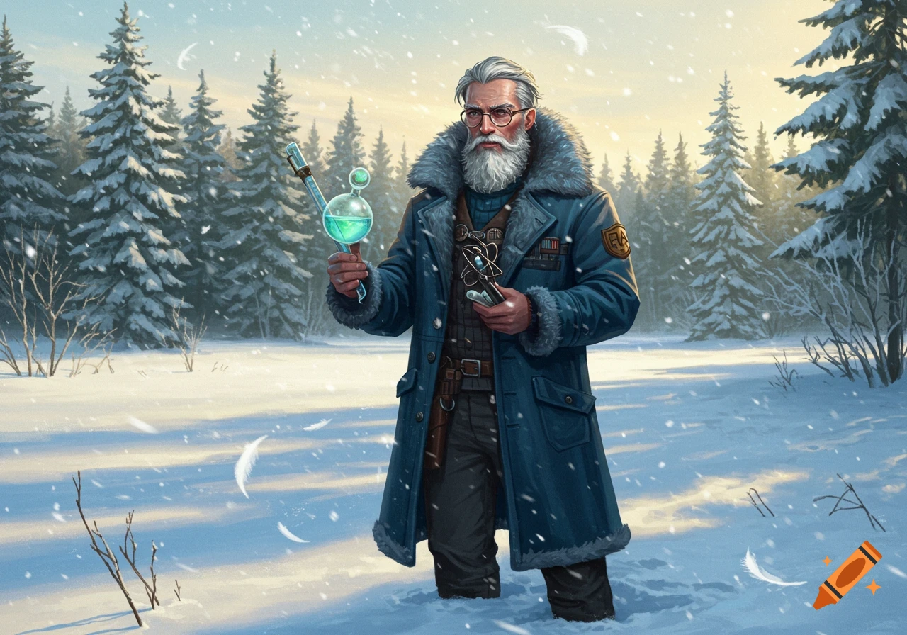 An illustrated gray-bearded man in a blue parka holds a glowing green flask in a snowy forest.