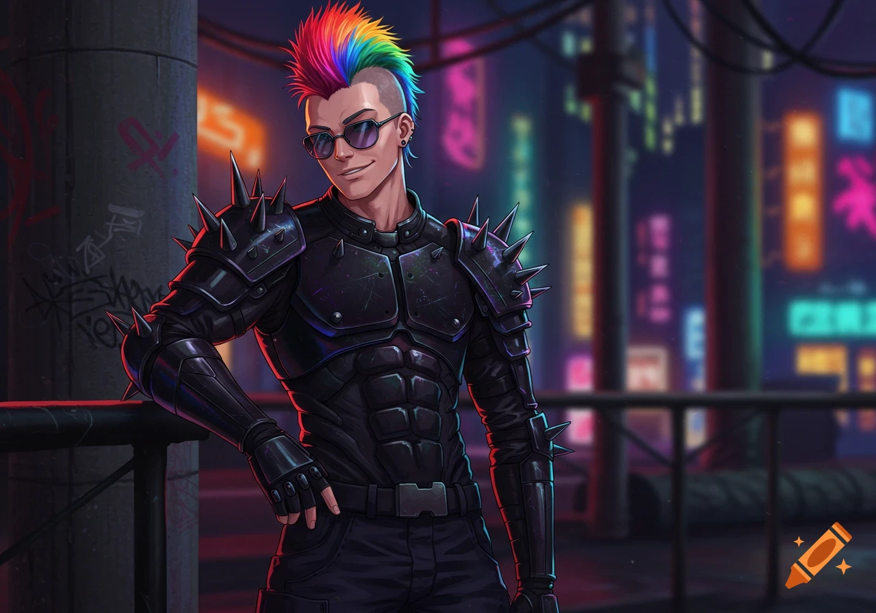 Anime man with rainbow mohawk, sunglasses, and spiked armor leans in a gritty neon city, smirking confidently.