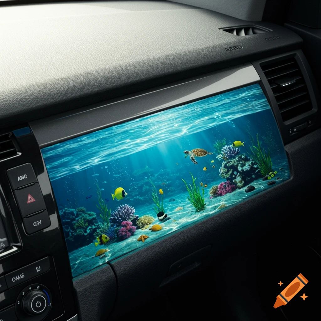 Photorealistic image of a car's glovebox transformed into a vibrant underwater aquarium with fish, a turtle, and coral.
