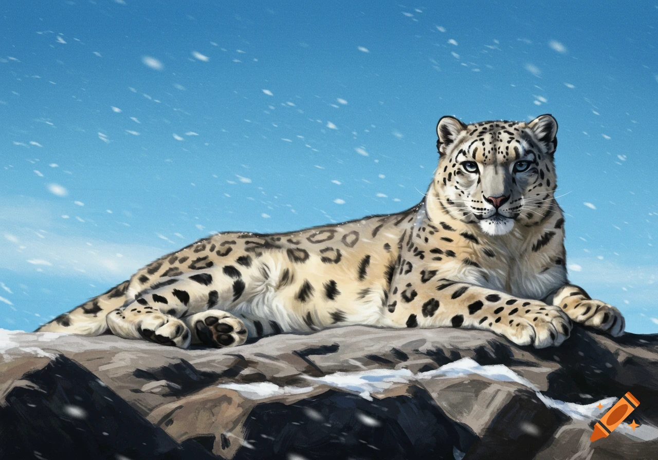 A snow leopard lies on a rocky outcrop in a snowy landscape under a clear blue sky, looking forward.