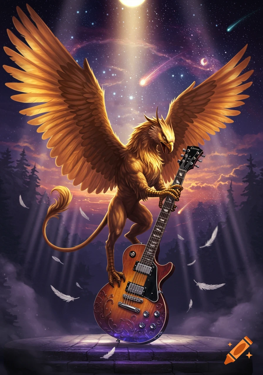 A majestic griffin with golden wings plays an electric guitar under a celestial sky filled with stars and shooting comets.