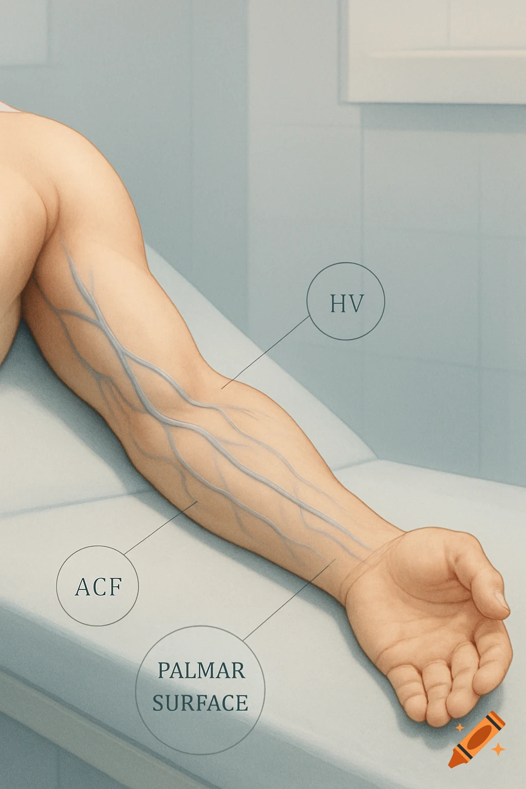 Detailed medical illustration of a human arm with visible veins, highlighting and labeling the antecubital fossa, palmar surface, and HV.