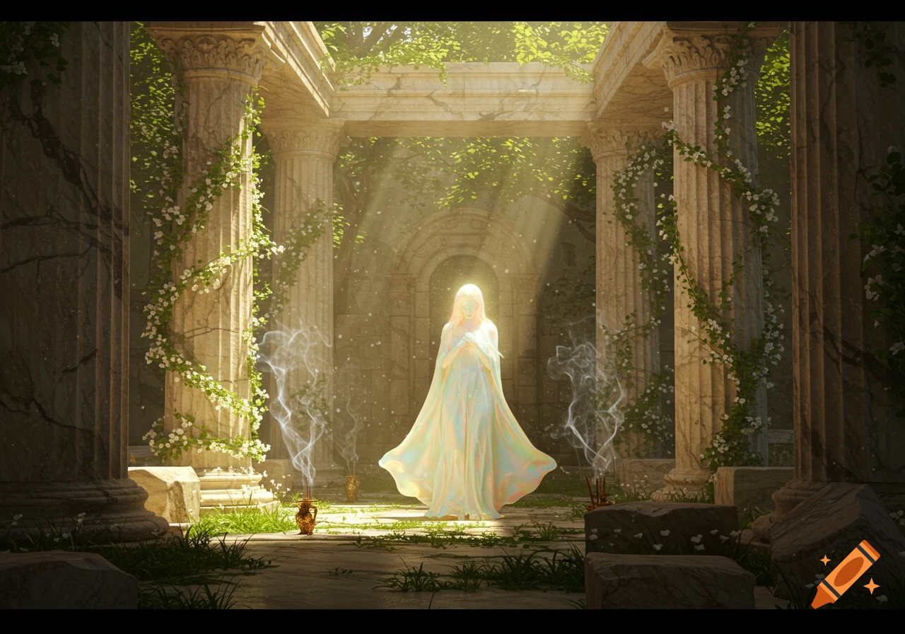A radiant, glowing figure stands in the center of overgrown ancient ruins, bathed in ethereal light rays.