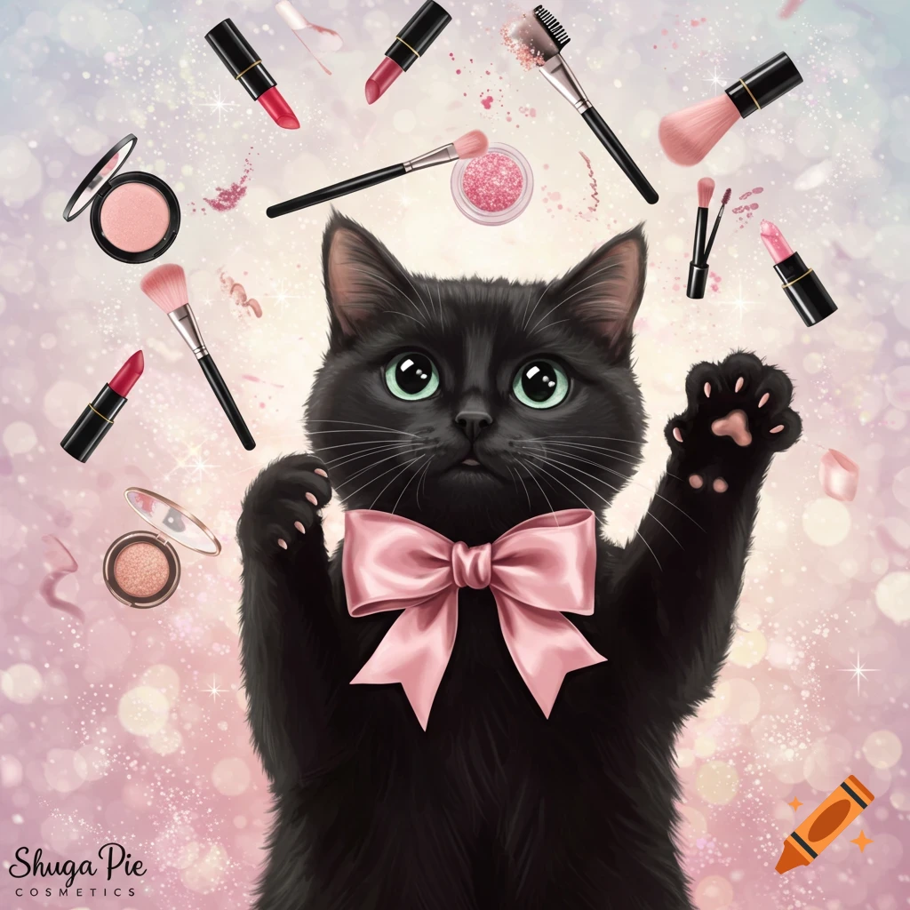 A black cat wearing a pink bow reaches up amidst floating lipsticks, brushes, and blush, on a sparkling pink background, promoting Shuga Pie Cosmetics.
