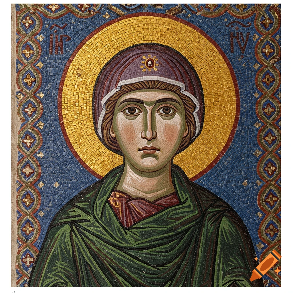A close-up of a Byzantine mosaic depicting a saint with a serene expression, a gold halo, and draped in green and brown robes against a blue and patterned background.