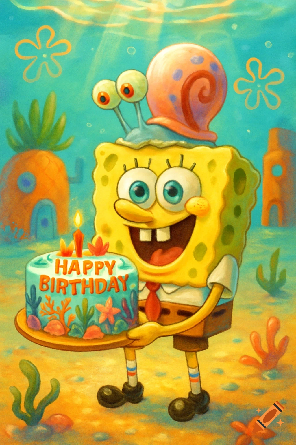 Spongebob Squarepants, with Gary on his head, holds a blue birthday cake that says "HAPPY BIRTHDAY" underwater near a pineapple house.