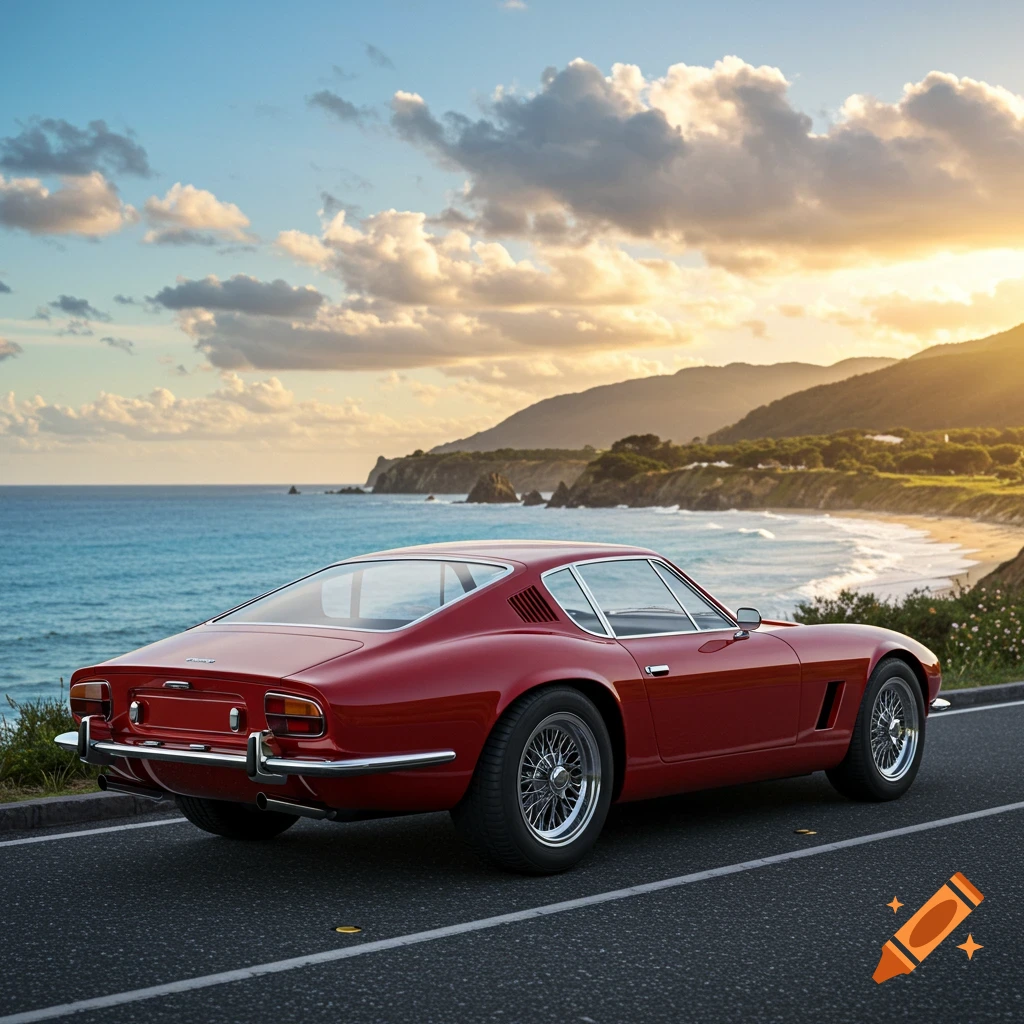 A red classic sports car parked on a coastal road overlooking the ocean and mountains at sunset.