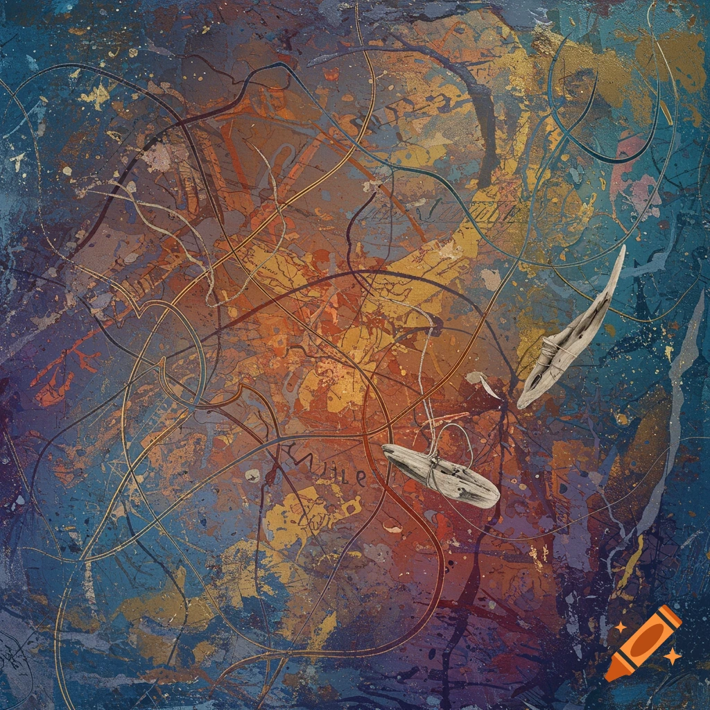 Abstract painting with chaotic lines, splatters, and textures in blue, orange, gold, and violet, with two floating wooden shapes.