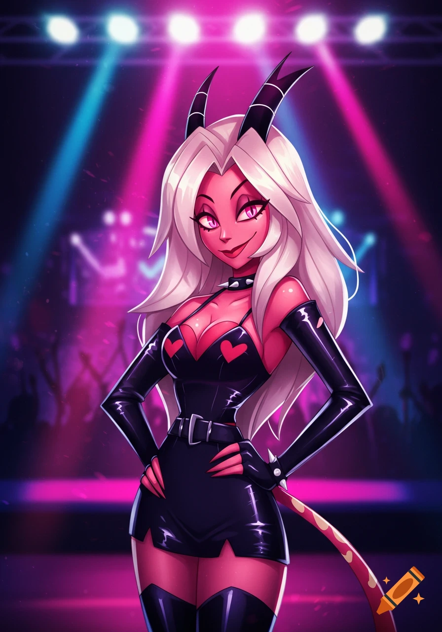 An animated female demon with white hair, pink skin, and horns, wearing a black latex outfit with red hearts, standing on a stage under pink and blue spotlights.