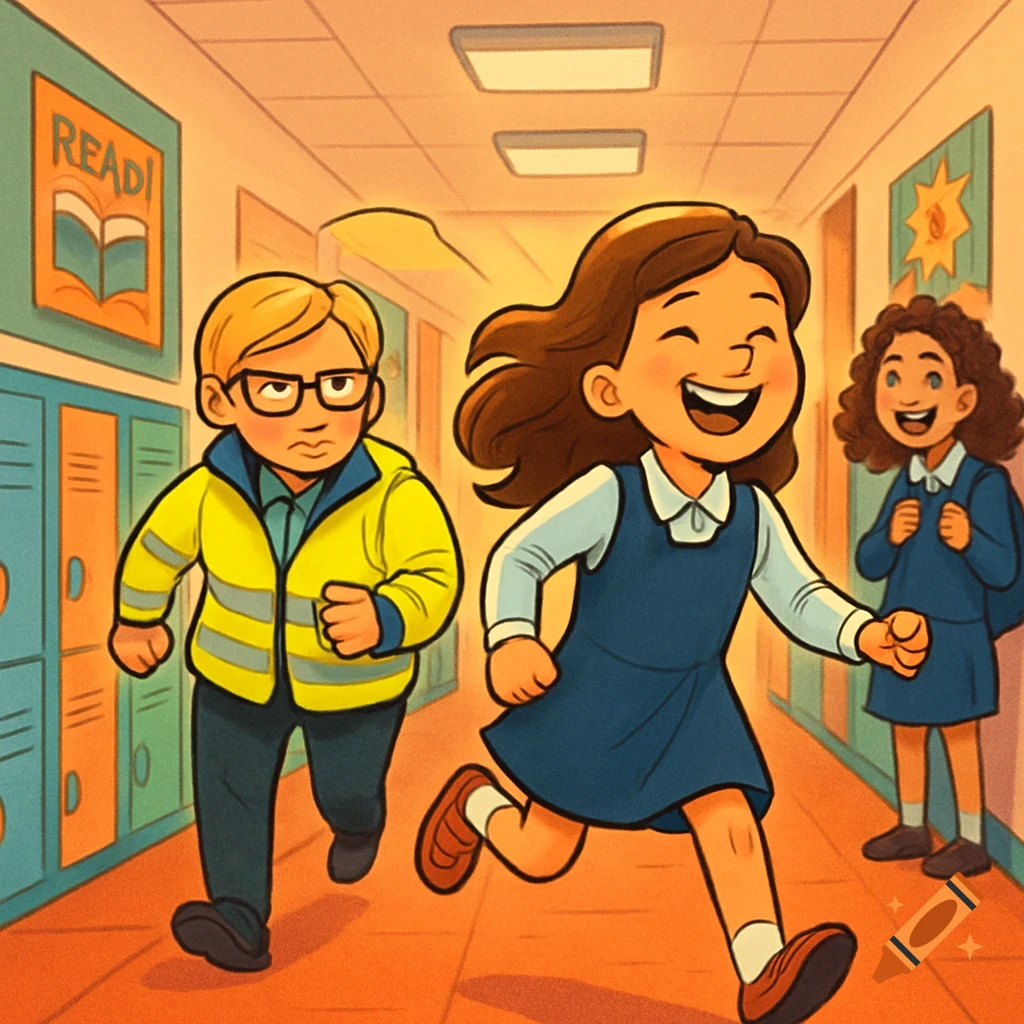 A cartoon illustration of a girl laughing while running through a school hallway, chased by an angry boy. Another girl smiles in the background.
