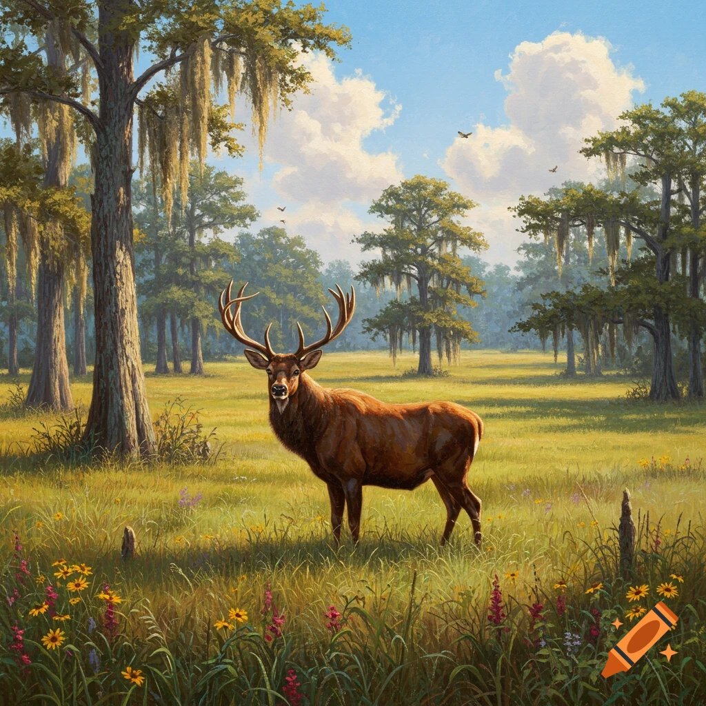 A large brown elk with antlers stands in a sunny, grassy field amidst trees with Spanish moss, under a blue sky with white clouds, in a realistic painting style.