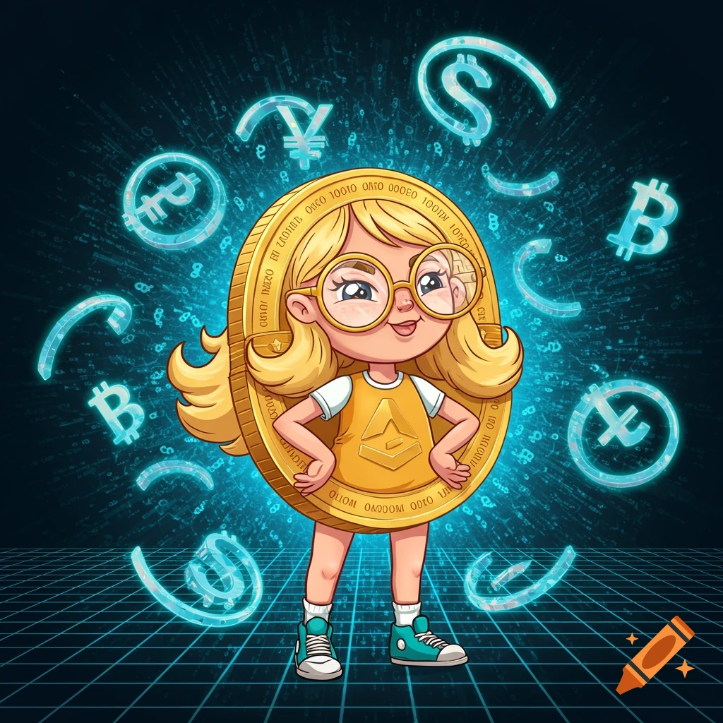 Cartoon blonde girl with glasses as a gold coin, surrounded by glowing currency symbols like dollar, euro, yen, and Bitcoin, on a digital grid background.