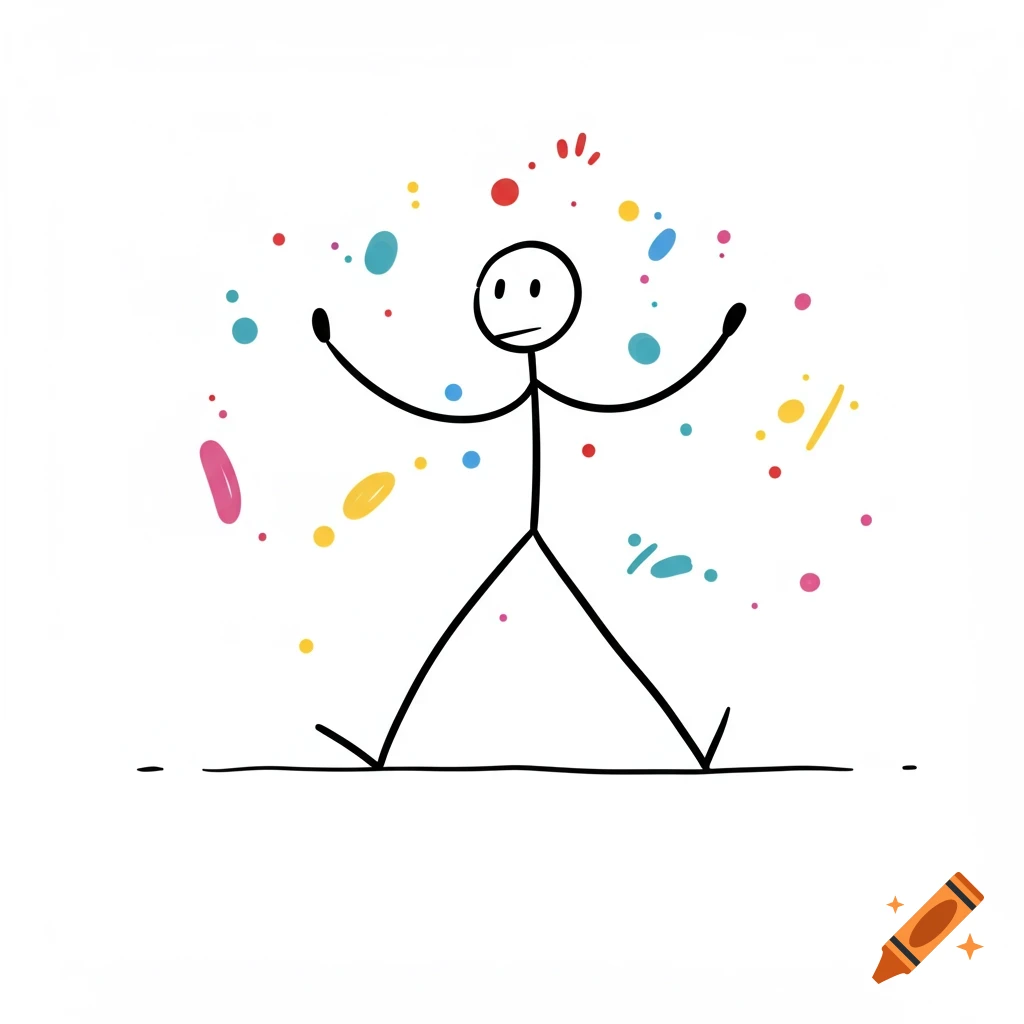 A simple stick figure with arms raised, standing on a line, surrounded by colorful paint splatters on a white background.