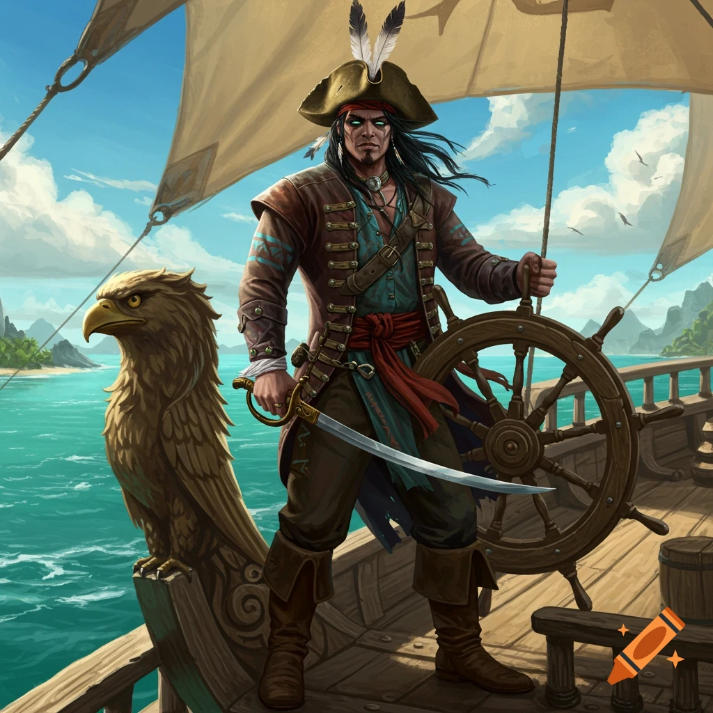 A Native American pirate stands on a ship deck holding a sword and ship's wheel, with an eagle figurehead.