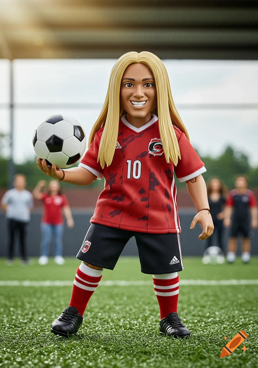 A photorealistic action figure with long blonde hair, wearing a red soccer jersey with number 10 and black shorts, holding a soccer ball on a grassy field.